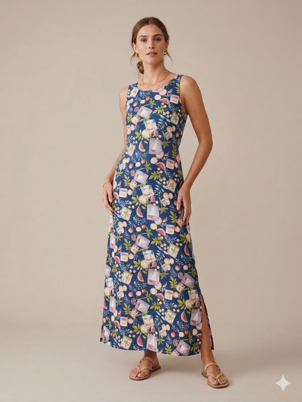 Melrose Studio Maxi Boat Fruit Print Dress Medium